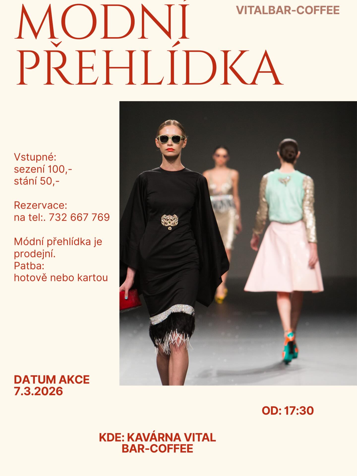 Plakát Módní přehlídka 7.3.2026 — Vitalbar-Coffee